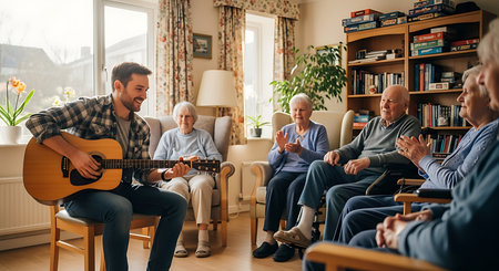 Activity music playing with care facility resident engagement to promote happiness, well being, positive connection, in senior to enhance quality of life.の素材