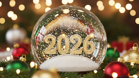 Snow globe displaying 2026, set against a festive backdrop of blurred Christmas lights and ornaments, symbolizing holiday cheer and new year celebrations.の素材