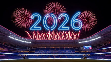 New year 2026 celebration. Spectacular fireworks erupt over an empty, brightly lit stadium. Blue glowing numbers 2026 dominate the scene, creating a vibrant and festive atmosphere for a grand event.の素材
