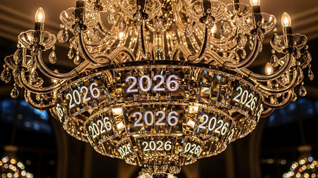 Elegant crystal chandelier adorned with numerous '2026' inscriptions, radiating a warm, golden light. A opulent decoration for new year celebrations and festive occasions.の素材