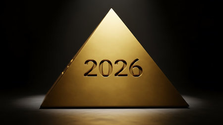 Majestic golden pyramid features year 2026 etched into its surface, standing boldly against dark background. symbolizes future, success, achievement, and prosperity, perfect for visionary concepts.の素材
