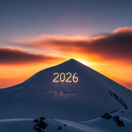 Stunning winter landscape with 2026 illuminated on a snow-capped mountain against a backdrop of vibrant sunset hues. Represents achievement, new horizons, and a grand beginning to new year.の素材