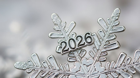 Detailed shot of a silver metallic snowflake featuring elegant 2026 numbers. Intricate design perfect for Christmas and winter holiday season decoration or ornament.の素材