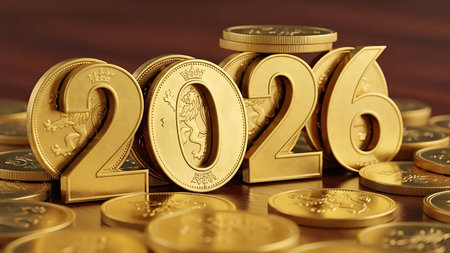 Golden coins arranged to form the year 2026; numerous gold coins scattered on a rich wooden surface; concept of wealth, finance, and investment; economic prosperity and financial success in new yearの素材