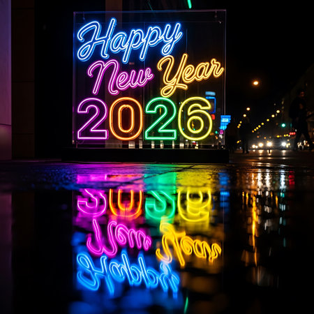 Happy new year 2026 neon sign glowing on city street; colorful display reflecting on wet pavement; urban night scene with festive celebration; vibrant light and street lights illuminating areaの素材
