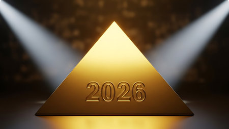 Golden pyramid with year 2026 boldly embossed, standing under two bright spotlights in a dark setting. Concept represents success, future goals, and a significant milestone year.の素材
