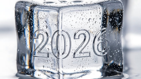 Refreshing ice cube features engraved year 2026, covered in sparkling water droplets. perfect for illustrating cool concepts, a fresh start to new year, or refreshing ideas and innovation.の素材