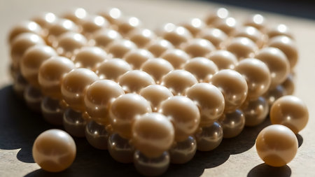 Lustrous pearls meticulously arranged to form heart shape on textured surface. Soft natural light enhances their elegant and timeless beauty symbolizing love and purity.の素材