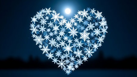 Heart shape made of glowing ice crystals and snowflakes under bright moon in dark winter night. Cold frosty season decor, perfect for christmas and new year themes.の素材