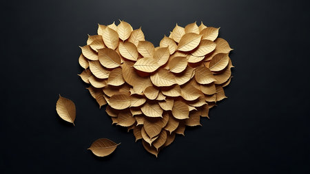 Heart-shaped arrangement of golden leaves against a dark background, creating an elegant and artistic representation of love, nature, and abundance. Rich texture and contrasting colors.の素材
