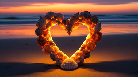 Vibrant heart made of seashells, glowing warmly from within. Illuminated on a sandy beach during a beautiful sunset. Romantic and natural scene symbolizing seaside affection and beauty.の素材