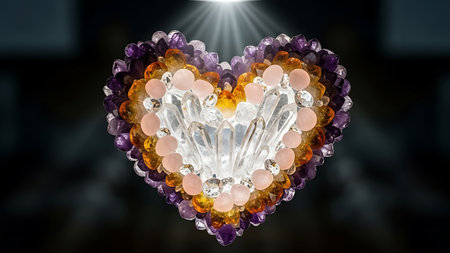 Heart shape formed by various gemstones and crystals glows from within, casting luxurious and artistic light against dark background. Amethyst, rose quartz, and clear quartz create vibrant, radiant design.の素材