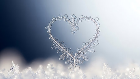 Exquisite heart-shaped snowflake crystal, intricately detailed. Delicate ice formation against a soft gradient blue and white bokeh background.の素材