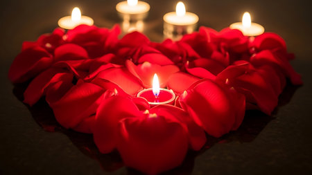 Romantic heart-shaped arrangement of red rose petals. Burning candle at center, surrounded by additional glowing candles. Perfect for valentines day, love, and special romantic moments. Soft warm light.の素材