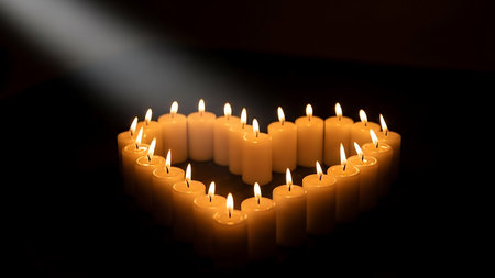 Heart-shaped candle arrangement in a dark room. Warm and romantic atmosphere created by many glowing candles. Perfect for anniversaries, proposals, or intimate moments. Soft light beam illuminates.の素材