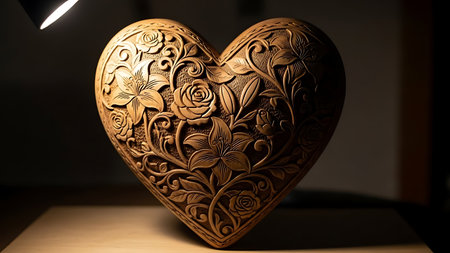 Beautiful carved wooden heart with intricate floral designs. Spotlight illuminates its detailed texture, creating a moody and artistic setting. Symbolizes love, nature, and craftsmanship. Unique decor piece.の素材