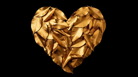 Heart shape of overlapping shiny golden leaves. Stark black background with strong contrast. Luxury, elegance, wealth. Symbol of love, precious nature, unique design, dramatic visual, abstract art.の素材