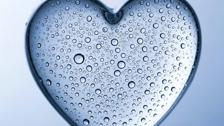 Glass heart with water drops. Refreshing droplet patterns on crystal. Clear transparent texture. Refreshing moisture art. Intricate water drops on glass heart against soft blue background.の素材