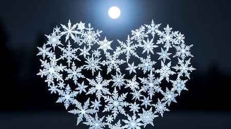 Intricate snowflakes form heart shape. Bright full moon illuminates winter night. Dark sky background. Snowflakes arranged in heart. Winter magic symbol. Beautiful heart made of snowflakes under moon.の素材