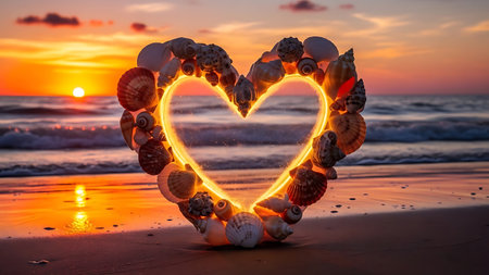 Seashell heart glowing with warm light on a sandy beach during sunset. Ocean waves gently rolling in, vibrant sky displaying golden and orange hues. Romantic coastal scene, perfect for travel, vacation, or love themes. Beach art, tranquil evening.の素材