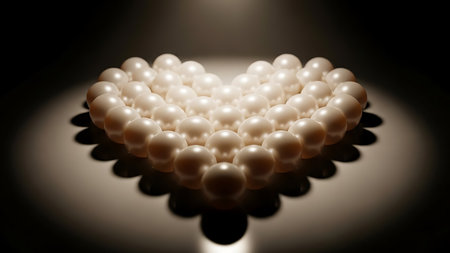 A heart-shaped arrangement of lustrous white pearls, softly illuminated against a dark background. This elegant display symbolizes love, purity, and timeless beauty, offering a classic and sophisticated visual.の素材