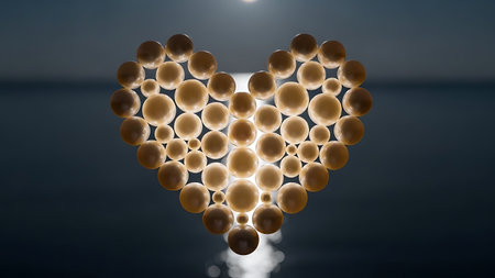 Heart shape formed by an arrangement of glowing golden spheres, set against a soft, dark background. Representing abstract concepts of love, warmth, and modern design. Evoking a serene and elegant mood.の素材