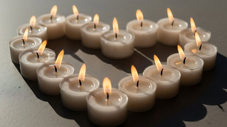 Small tea light candles arranged in a heart shape glow softly, casting warm light and shadow. Peaceful ambiance with flickering flames creates a romantic, intimate setting.の素材