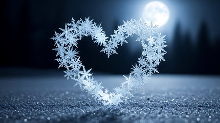 Heart-shaped arrangement of glittering snowflakes stands on a sparkling snow field. Full moon illuminates dark night sky, creating a magical winter scene. Brilliant details of snowflakes on icy ground.の素材