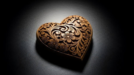 Beautifully carved wooden heart, featuring intricate floral patterns, presented on a dark background with dramatic lighting. Symbolizes traditional craftsmanship, lasting love, and natural artistry.の素材