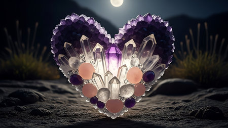 Exquisite heart shape crafted from various crystals including purple amethyst, clear quartz, and pink rose quartz, resting on dark, rocky ground illuminated by a full moon. this mystical creation radiates magic and love.の素材