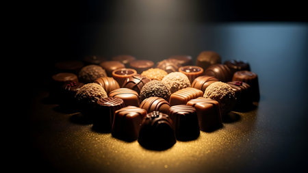 Delicious gourmet chocolates and truffles artfully arranged in a heart shape. Rich, dark, and milk chocolates with various fillings and textures, subtly lit on a golden sparkling surface. Perfect for romance, dessert, or sweet indulgence themes.の素材