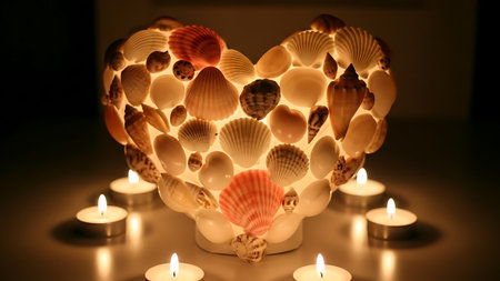 Heart shaped lamp made from various seashells, illuminated from within and surrounded by lit tea light candles. Warm, serene ambiance with soft glow.の素材