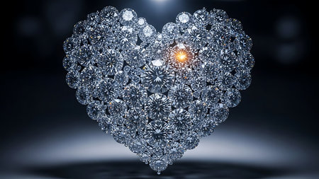 Magnificent heart shape composed of numerous brilliant cut diamonds, with a luminous golden gleam at its center, set against a dramatic dark background. this symbol of eternal love and luxury radiates exceptional sparkle.の素材