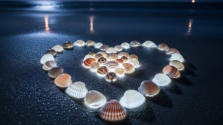 Seashells in heart shape on beach. Romantic night scene with seashells arranged as heart, illuminated by soft glow, reflecting moonlight on wet sand. Symbolizes love and tranquility of ocean.の素材
