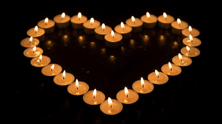 Heart-shaped arrangement of numerous lit tea light candles glows warmly, their gentle flames creating a serene and romantic atmosphere on a dark, reflective surface, symbolizing love, remembrance, and tranquility, perfect for intimate evenings and special occasionsの素材