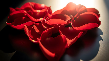 Heart made of red rose petals with sunlight shining through, casting shadows on a dark surface, vibrant and dramatic composition, symbolizing passion.の素材