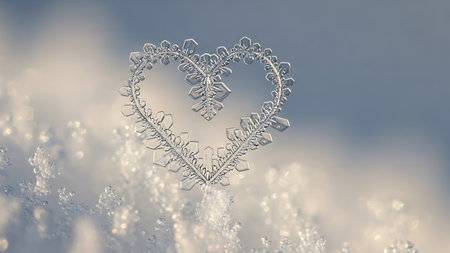 Delicate heart-shaped snowflake, formed by intricate ice crystals. frosty surface with soft, natural light, creating a serene winter scene. Unique and detailed crystalline structure symbolizing cold beauty.の素材
