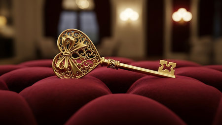 Ornate golden heart shaped key with intricate filigree detail placed on plush red velvet seating, evoking themes of luxury, romance, and new beginnings. Rich textures highlight romantic elegance.の素材