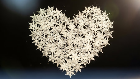 Heart composed of intricate snowflakes isolated against a dark background. Delicate ice crystals form a beautiful and unique shape. Wintry symbol of love and cold beauty. Serene and elegant abstract design.の素材