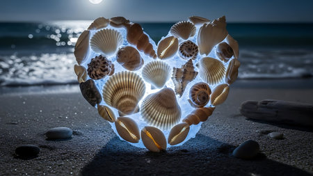 Heart shape made of glowing seashells on sandy beach. Romantic marine decoration at night. Seashell heart with ocean in background. Moonlight illuminates beach. Love symbol created with sea shells.の素材