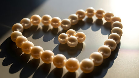 Delicate heart formed by lustrous pearls. Elegant arrangement on a dark surface. Beautiful shadows and reflections enhance depth. Classic beauty. Timeless jewelry art. Soft illumination.の素材