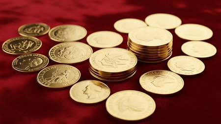 Golden coins of different sizes and designs are meticulously arranged into a heart shape on rich red velvet. This display symbolizes wealth, prosperity, and enduring value, creating an opulent scene.の素材