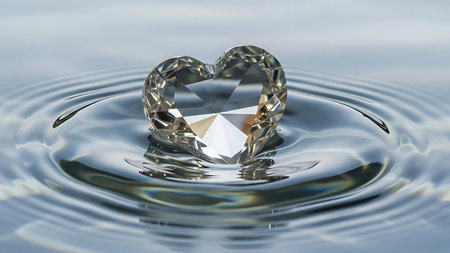 Sparkling heart-shaped diamond sits gracefully on calm water, creating gentle ripples. Brilliant gemstone reflects light, symbolizing eternal love, purity, and preciousness in a serene, elegant display.の素材