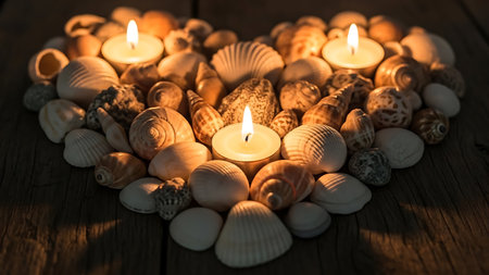 Heart shape made of seashells and three lit candles; natural shells arranged with warm, glowing flames on rustic wooden table; romantic seaside ambiance, cozy, intimate setting.の素材