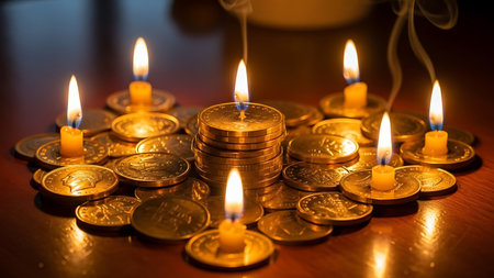 Golden coins, some stacked and others scattered, are accompanied by several lit candles, creating a warm and symbolic display of wealth, prosperity, and spiritual contemplation on a wooden surface.の素材