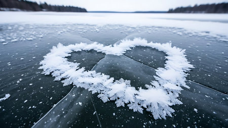 Heart formed by delicate snowflakes resting on cracked frozen lake ice. Creates a beautiful winter romance scene, serene icy landscape, and cool tranquil atmosphere. Perfect for winter themes.の素材
