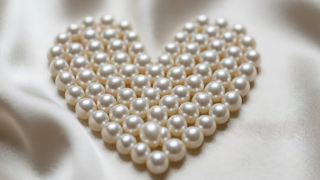 Numerous lustrous white pearls are artfully arranged into a perfect heart shape on soft, shimmering white satin. This elegant composition symbolizes purity, timeless love, and sophisticated beauty.の素材