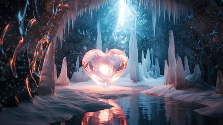 Heart-shaped diamond shines brightly within an enchanting ice cave. Ethereal glow illuminates icy formations, creating a magical atmosphere with stunning reflections on water below.の素材