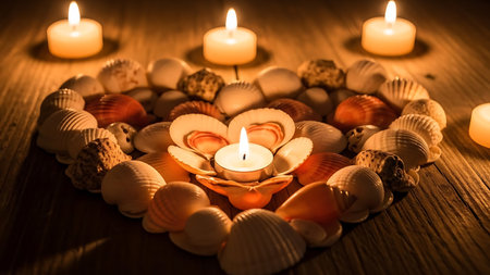 Heart-shaped seashell arrangement with lit candles creates a warm and romantic ambiance. Natural shells on rustic wood surface evoke peaceful, loving atmosphere.の素材
