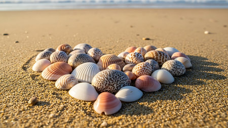 Beautiful heart shape created from an assortment of seashells on a golden sandy beach. Ocean and horizon visible in background under soft, warm light of sunset or sunrise.の素材